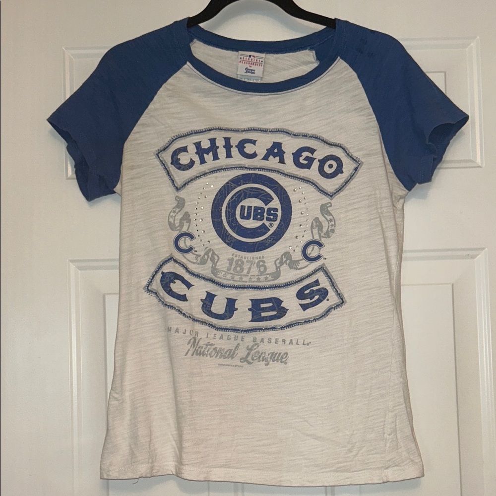 Chicago Cubs Raglan Cotton T-Shirt L White Royal Fitted Studded Casual Baseball